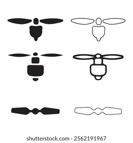 Simple Drone Rotor Icons Set for Graphic Design. This rotor set of black and white drone icons showcases different drone views in a simple, clean style.