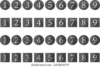 Simple drop shadow number icon set from 1 to 9. Monochrome design parts for headlines and checkpoints.
