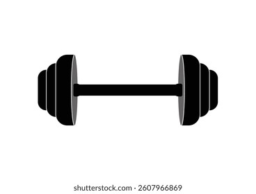 Simple dumbbell with three weight plates per side. Bold, modern design for workout icons, gym branding, or posters