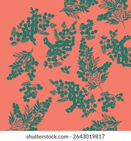Décoration simple florale bleu poussiéreux avec feuilles et branches sur fond rose.