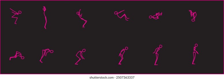 A simple and dynamic stick person doing a backflip sequence, illustrating the stages of movement in a clean, minimalist style. This sequence captures the fluidity of motion, perfect for animation