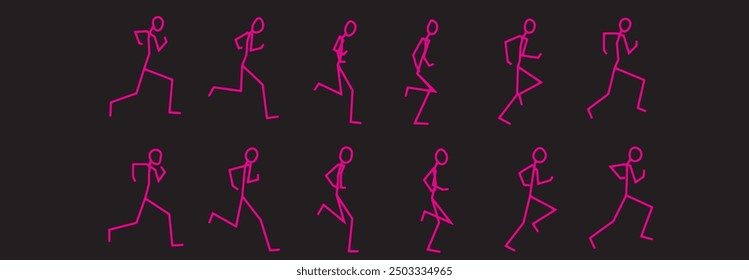 A simple and dynamic stick person running sequence, illustrating the stages of movement in a clean, minimalist style. This sequence captures the fluidity of motion, perfect for animation, educational 