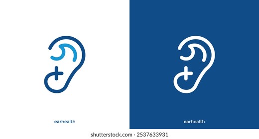 Logotipo simples de saúde do ouvido. Estetoscópio, Orelha e Símbolo de Adição com Estilo de Contorno. Logotipo, Ícone, Símbolo, Vetor, Design Inspiration.