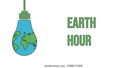 Simple Earth Hour concept template design isolated white background. Planet in shape of light bulb Happy Earth Day banner cover. Perfect eco theme with text. Vector illustration. EPS 10