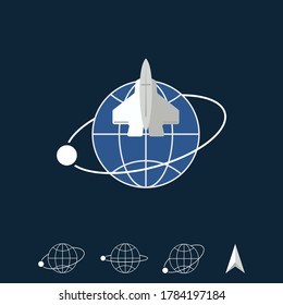 simple earth or world with plane and rotation moon image graphic icon logo design abstract concept vector stock. can be used as corporate identity related to space or transportation