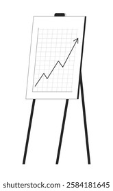 Simple easel displaying line graph with red upward trend black and white 2D line object. Growth, progress, success in data analysis isolated clip art vector outline. Monochromatic spot illustration