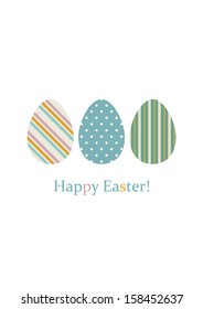 Simple Easter background with three eggs painted in retro patterns. Vector image.