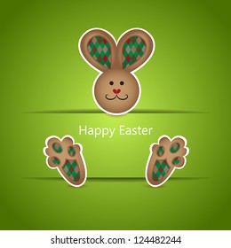 Simple Easter card with a cute rabbit with textures ears and pawns in vector