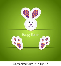 Simple Easter card with a cute rabbit with textures ears and pawns in vector