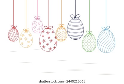 simple Easter Eggs hanging line art banner. Line drawing style. Icon, logo, symbol and print template