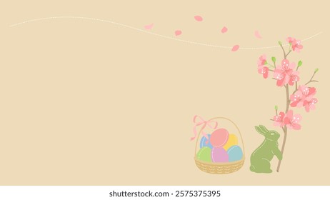 Simple Easter frame: rabbit holding a cherry blossom branch and pastel colored Easter eggs