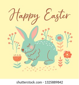 Simple easter greeting card / poster / flyer design template with rabbit and flower. Retro, scandinavian and folk style.