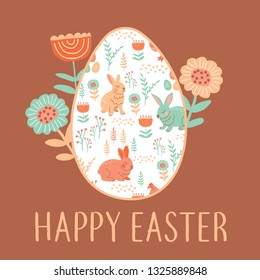 Simple easter greeting card / poster / flyer design template with egg, rabbit, hen / chicken and flower. Retro, scandinavian and folk style.