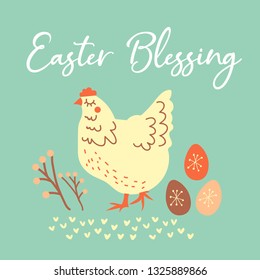 Simple easter greeting card / poster / flyer design template with egg, hen / chicken and flower. Retro, scandinavian and folk style.