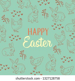 Simple easter greeting card / poster / flyer design template with rabbit and chicken / hen. Retro, doodle and line style