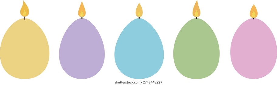 Simple Easter Pastel Egg Candle Set.
Lit Egg-Shaped Candles Easter Vector Collection.
Pastel Easter Egg Candle Flat Illustration.
Transparent background.