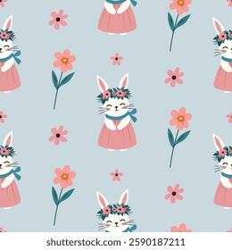 A simple Easter pattern in a flat style with bunnies and flowers arranged in a repeating design. Background for textiles, fabrics, cotton fabric, covers, wallpaper, print, gift wrapping, cards.