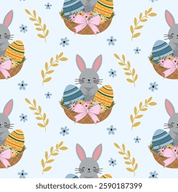 A simple Easter pattern in a flat style with bunnies, eggs and flowers arranged in a repeating design. Background for textiles, fabrics, cotton fabric, covers, wallpaper, print, gift wrapping, cards.