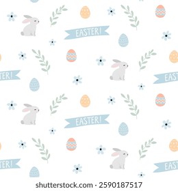 A simple Easter pattern in a flat style with bunnies, eggs and flowers arranged in a repeating design. Background for textiles, fabrics, cotton fabric, covers, wallpaper, print, gift wrapping, cards.