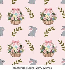 A simple Easter pattern in a flat style with bunnies, eggs and flowers arranged in a repeating design. Background for textiles, fabrics, cotton fabric, covers, wallpaper, print, gift wrapping, cards.