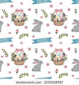 A simple Easter pattern in a flat style with bunnies, eggs and flowers arranged in a repeating design. Background for textiles, fabrics, cotton fabric, covers, wallpaper, print, gift wrapping, cards.