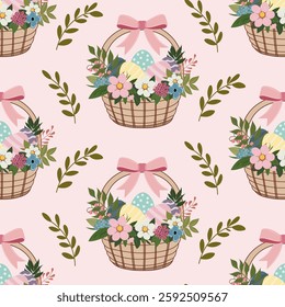 A simple Easter pattern in a flat style with basket, eggs and flowers arranged in a repeating design. Background for textiles, fabrics, cotton fabric, covers, wallpaper, print, gift wrapping, cards.