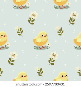 A simple Easter pattern in a flat style with chicken and flowers arranged in a repeating design. Background for textiles, fabrics, cotton fabric, covers, wallpaper, print, gift wrapping, cards.