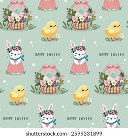A simple Easter pattern in a flat style with bunnies, eggs, chickens and flowers in a repeating design. Background for textiles, fabrics, cotton fabric, covers, wallpaper, print, gift wrapping, cards.