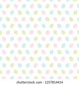 Simple Easter seamless repeat vector pattern with tiny painted stylized eggs. Flat design regular texture, spring background. Blush pink, grass green, sky blue pastel colors card, greetings template.