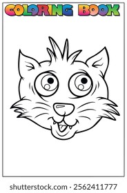 Simple and easy cartoon cat face smiling and showing teeth, perfect coloring page for kids and toddlers.