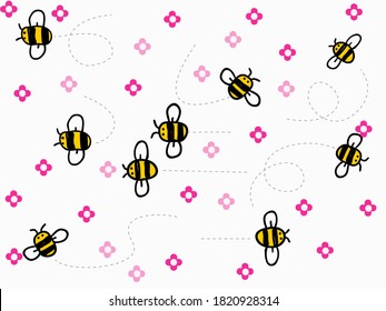 simple easy childish hand drawn lines art cute flying bee with pink flowers on white for background, wallpaper, banner, texture, fabric, pattern etc. 