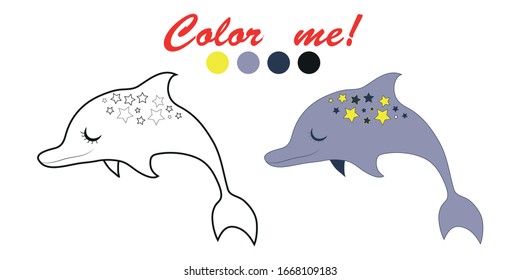 Página de libro de colorear simple y fácil para niños pequeños. Un delfín gracioso y agradable con estrellas pequeñas en la espalda. Ilustración de estilo de dibujos animados. Versión impresa y en línea.