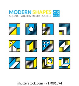 Simple easy editable linear modern shapes. Set of twelve square minimal patches in memphis style