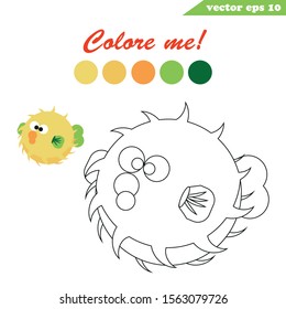 Simple and easy educational game for children. Coloring book page. Underwater creatures. Pufferfish. Outlined and sample colored version. Prntable file for leisure and learning.