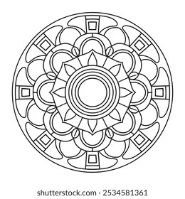 Simple y fácil Vector de contorno de círculo blanco y negro de mandala - página para colorear de mandala a color para principiantes, mayores y adultos para KDP.