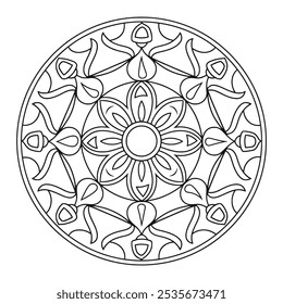 Simples e fácil Mandala preto e branco círculo contorno vetor - Mandala colorir página para colorir para iniciantes, idosos e adultos para KDP.