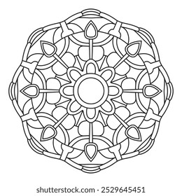 Página para colorear de mandala simple y fácil para principiantes, adultos y niños - Círculo de mandalas Página para colorear a color - Contorno de Vector de mandala blanco y negro para KDP.