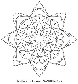 Simple easy mandala pattern coloring book page for kids. Snowflake inspired centre with flower petal elements. Black line art with white background. High-resolution illustration vector, EPS 10.
