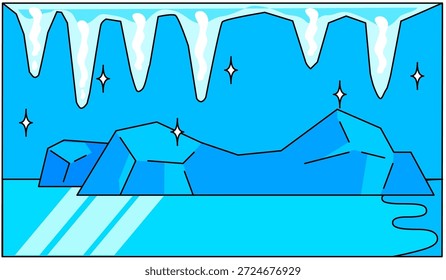Una ilustración de fondo de invierno simple y fácil de usar que representa una cueva de hielo y campos de hielo.