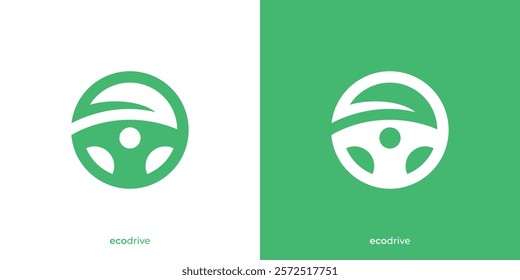 Simple Eco Drive Logo. Steer Wheel and Leaf or Road Graphic Icon. Green Car Logo Design Template.