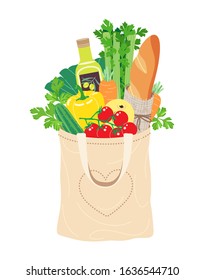 Simple Ecobag With Natural Food Isolated On White. Textile Eco-friendly Reusable Shopping Bag Filled With Organic Products. Zero Waste, Healthy Eating Concept Vector Flat Illustration.