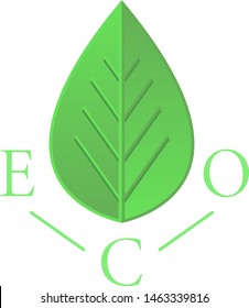 A simple eco-friendly green logo with the inscription "ECO" and a beautiful gradient volumetric leaf, vector graphics, vector illustration