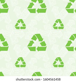 Simple ecological seamless pattern with green recycling symbol on a pastel background to print on recyclable plastic or paper wrapping. 