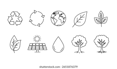 A simple ecology and environment line icon set. A minimalist collection of nature, planet, and green energy symbols for web design.