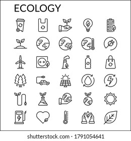 Simple Ecology and Green Environment Icons Line Style Contain Such Icon as Battery, Recycle, Trash Can, Plastic Bag, Bottle, Nature, Plant, Earth, Climate Change, Sola Panel, Windmill, Leaf and more. 