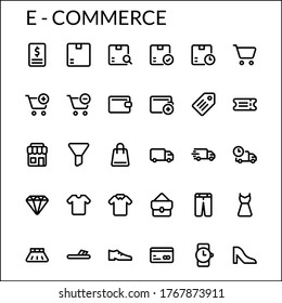 Simple E-Commerce Line Style Contain Such Icon as Money, Payment, Package, Search Package, Cart, Price Tag, Wallet, Shop, Market, Shipping, Shopping, Fashion and more. 