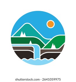 simple ecosystem of mountains and waterfalls in a circle logo vector