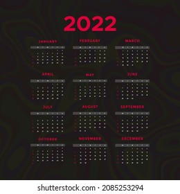Simple editable 2022 сalendar design.Dark color 2022 calendar vector template.