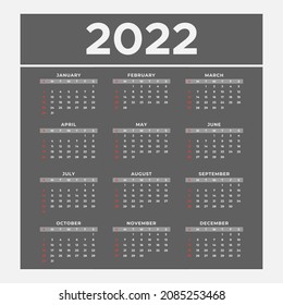 Diseño с alendar simple editable 2022.Plantilla vectorial de color oscuro 2022.