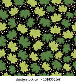 Simple editable vector background with leaves of autumn leaves plants randomly arranged, with in different shades of green, vector seamless pattern